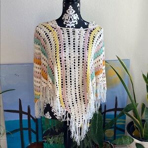 POL Multicolor Crochet Fringe Poncho